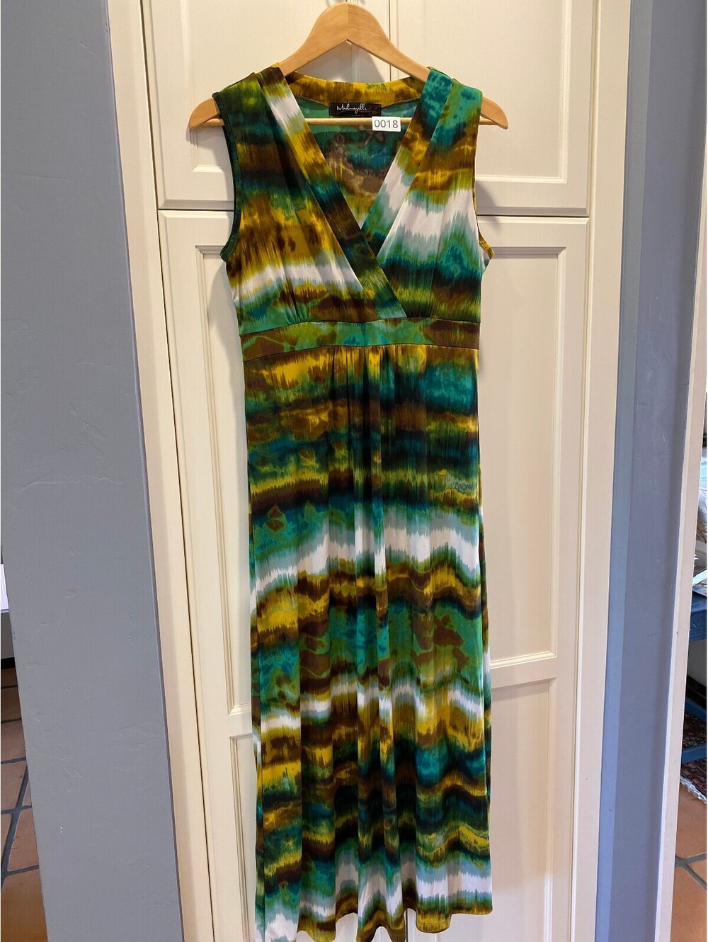 Mademoiselle Sleeveless Tie-Dye Maxi Dress with V-Neck Wrap Bodice and Fitted Wa